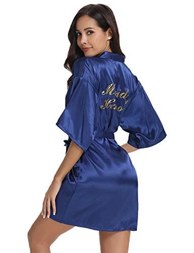 Image of Vlazom Bridal Bridesmaid Robes Silk Bride Party Robes Dressing Gwon, Wedding Day Robes, Glitter Bridesmaid Kimono Bathrobe-Maid of Honor Dark Blue XL(UK 16-18)