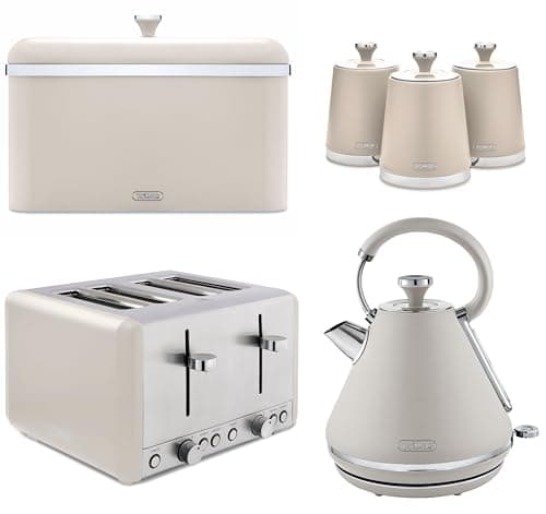Image of Tower Cavaletto Latte Pyramid Kettle, 4 Slice Toaster, Bread Bin & Canisters Set. Contemporary Matching Kitchen Set of 6 in Latte Colour