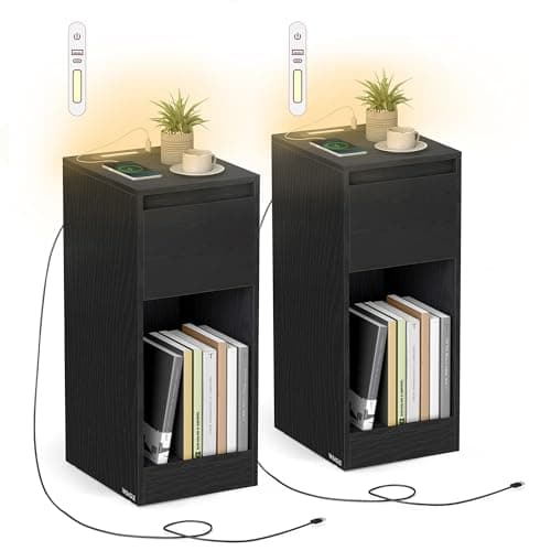 Image of VASAGLE Slim Bedside Tables with Charging Station and LED Light, Set of 2 Narrow Side End Tables, USB Ports, Drawer and Open Compartment, for Bedroom, Living Room, Ebony Black LET710B01