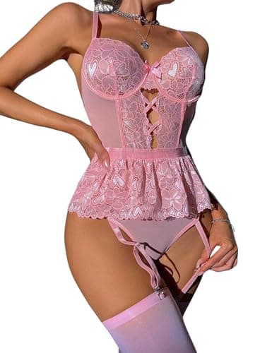 Image of ROSVAJFY Women's Garter Teddy Lingerie Set With Stockings, Floral Lace Naughty Bodysuit Strappy One Piece Babydoll Nightwear, Sexy Deep V Cutout Jumpsuit Mesh Sleepwear (Pink, L)