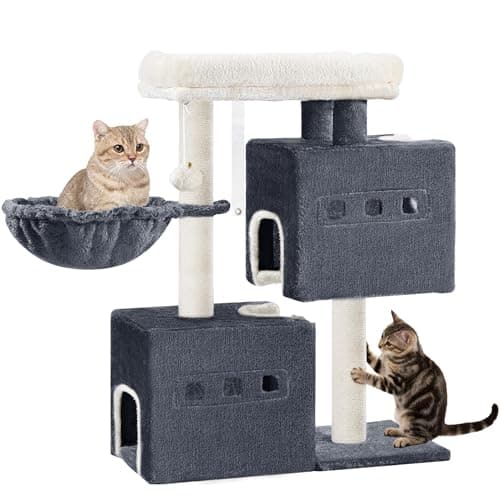 Image of Hzuaneri Cat Tree, 75 cm Tower, Sisal Scratching Post, Cats Tower for Indoor, Multi-Level Stable Cat Tree with Cats House, 2 Caves, Pompoms, Dark Grey MS07618SG