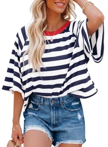 Image of Chicrise Women's T-Shirts Crew Neck Ladies Tops Short Sleeve Stripes Elegant Casual Comfort Summer Blouses Blue White X Large 46-48