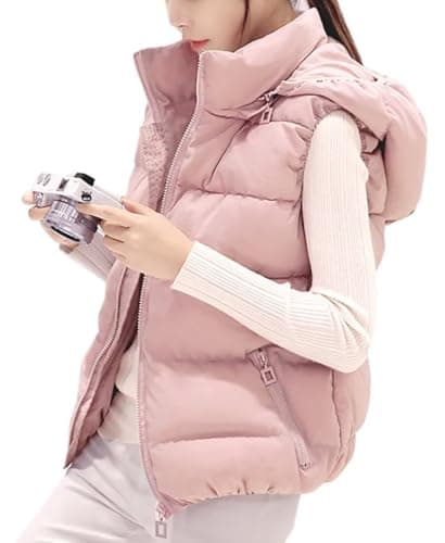 Image of WIEAYUMEI Womens Gilet with Detachable Hood Sleeveless Puffer Vest Zip Up Warm Jackets Lightweight Hooded Coats Stand Collar with Pockets Pink M
