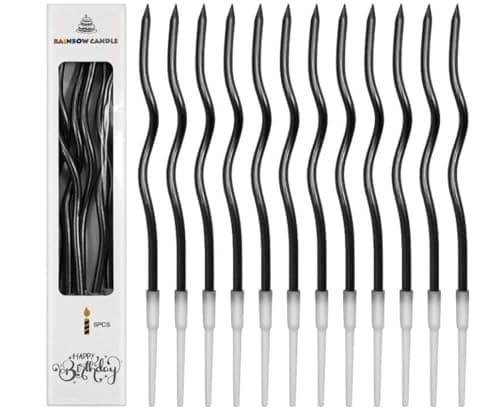 Image of 12 Birthday Candles Metallic, 16CM Long Thin Cupcake Candles Topper, Cake Candle Black with Holders, Spiral Candle for Wedding Baby Party Cake Decorations
