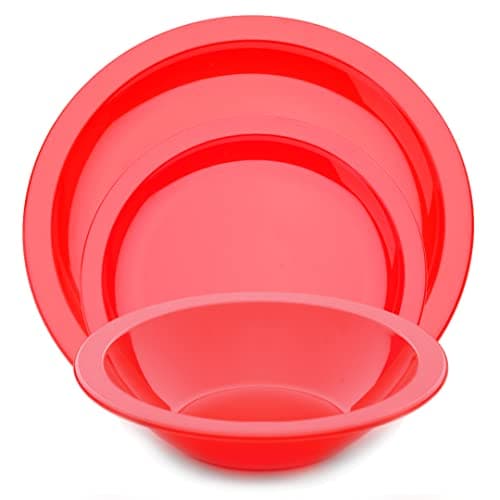 Image of Harfield 3 Piece Tableware Set Dining Plates & Bowl Virtually Unbreakable Reusable Polycarbonate (Red)