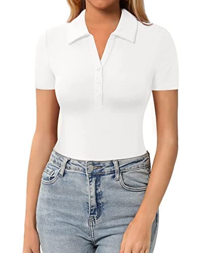 Image of HERLOLLYCHIPS Womens Long Sleeve Short Sleeve Collared Polo Tops V Neck Button Down Fitted Shirts, C Short Sleeve White, L