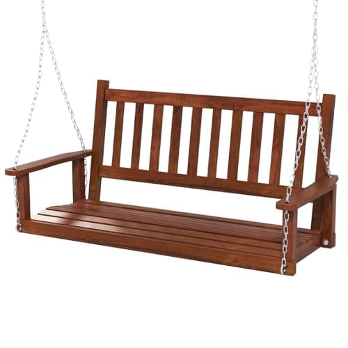 Image of RELAX4LIFE 2/3 Seater Porch Swing Chair, Outdoor Swing Bench Loveseat with Adjustable Galvanized Metal Chains, Solid Wood Garden Patio Hanging Swing Seat for Balcony Yard Tree (Brown, 136 x 66 x 63cm)