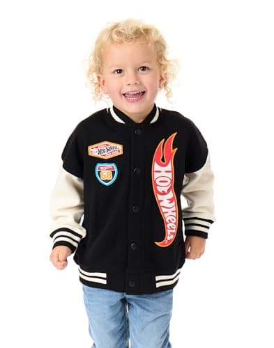Image of Hot Wheels Boys Bomber Jacket | Kids Flame Logo Graphic Print Varsity Jacket in Black | Childrens Turbo Race Car Print Zipped Baseball Jacket | Model Toy Cars Movie Merchandise Gift