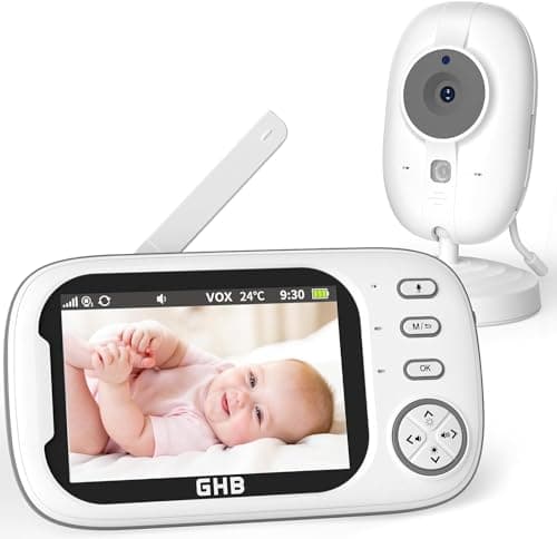 Image of GHB Baby Monitor with Camera and Night Vision, Video Monitor, VOX Mode, 2-Way Talk, 8 Lullabies, Temperature Alert, Feeding Reminder, Matt White
