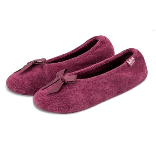 Image of Isotoner® Ladies Terry Ballerina Slippers, Cotton Rich Stretch Fit with Pillowstep® Cushioning, Ultra Comfort Foam, Durable Sole, Machine Washable, Bow Detail, Burgundy, M