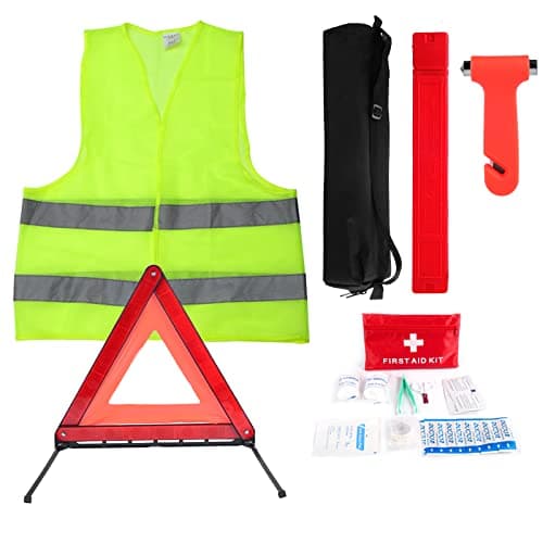 Image of Car Emergency Kit, Warning Triangles for Cars, Roadside Assistance Tool Kit Car Breakdown Tool Set with Warning Triangle Visibility Vest First Aid Kit Safety Hammer for European France Driving Travel