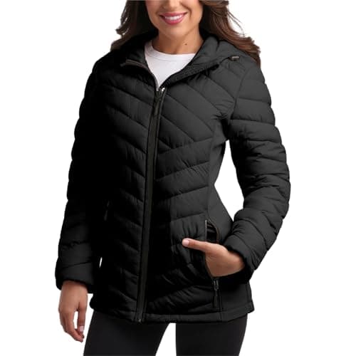 Image of Reebok Womens Jacket - Lightweight Softshell Quilted Jackets for Women Zip Up Hooded Winter Coat Outerwear with Pockets, Jet Black, S