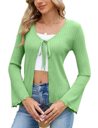 Image of Akiooue Women's Cardigans,Summer Autumn Fashion V Neck Long Bell Sleeve Cozy Cable Knit Open Tie Front Evening Cardigans for Women UK Size 14 Light Green