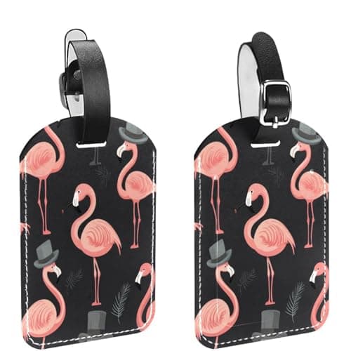 Image of Flamingos Luggage Tags for Suitcases, PU Leather Name ID Labels Travel Bag Cruise Suitcase Tag 2 Pcs