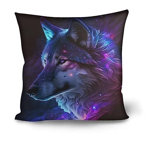 Image of Showudesigns Galaxy Wolf Cushion Covers 18x18 inch Throw Pillow Cover Home Decorative for Boys/Girls Living Room Bedroom Sofa Chair Pillowcase Purple