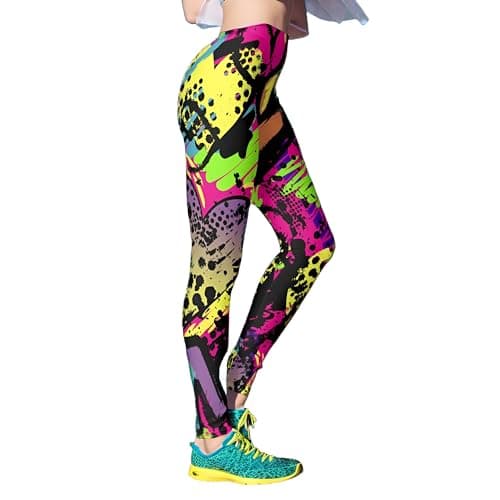 Image of Hupplle Women's 80s Neon Leggings Artistic Splash Printed High Waisted Stretchy Tights Buttery Soft Yoga Sport Workout Pants, Colorful Splash, XL