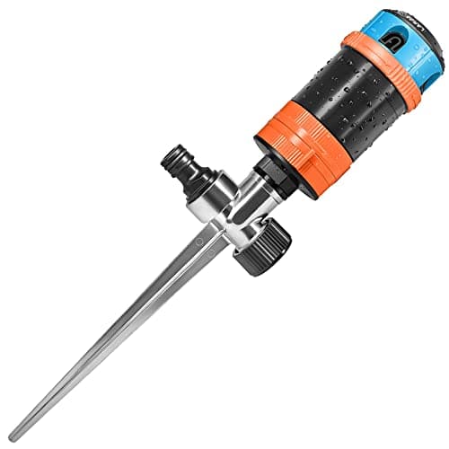 Image of GRÜNTEK Circular Sprinkler on metal spike. Sector sprinkler lawn sprinkler settings 30 °- 360 ° for large surfaces and optimal garden irrigation. Covers up to 452 m².
