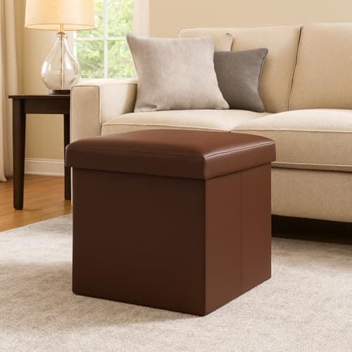 Image of BURAKH Faux Leather Foldable Storage Ottoman – Folding Storage Box Seat Stool with Lid | Multi-Purpose Footstool & Storage Boxes for Home, Bedroom & Living Room (Brown, Single)