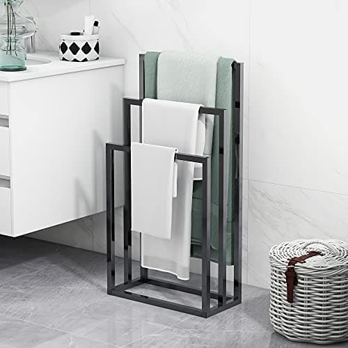 Image of BOFENG 3 Tier Black Freestanding Towel Rail Chrome Towel Rack, Anti-rust Coating Metal Ladder Towel Holder for Bathroom Accessories Organizer for Bath Storage & Hand Towels,Washcloths,Next to Tub