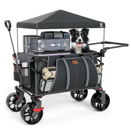 Image of EVER ADVANCED 225L Festival Trolley on Wheels with Removable Canopy, 150KG Heavy Duty Camping Trolley, Push & Pull Beach Cart with 3 Large Pockets, Garden Folding wagon Fishing Grey