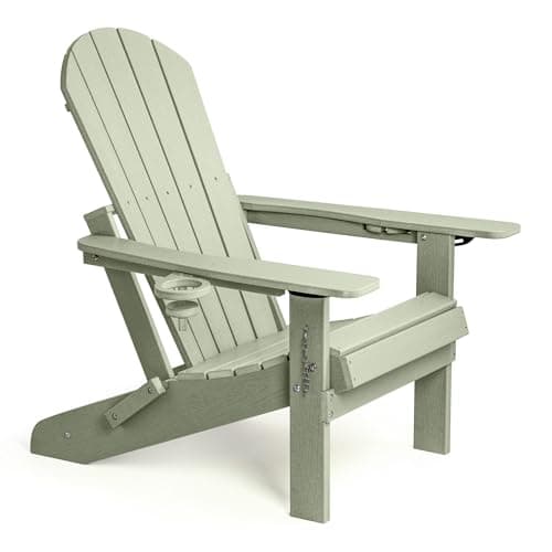 Image of VonHaus Sage Green Folding Adirondack Chair - Reclining Slatted Style Garden Chair with Cup & Phone Holders - Durable Weather Resistant HDPE Plastic Outdoor Armchair for Patio & Decking - Westport