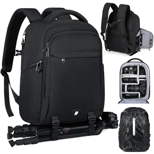 Image of RAINSMORE Camera Bags for Photographers Camera Backpack with 15.6 inch Laptop Compartment Professional DSLR SLR Camera Bag Raincover Men Women for Canon Nikon Sony Black