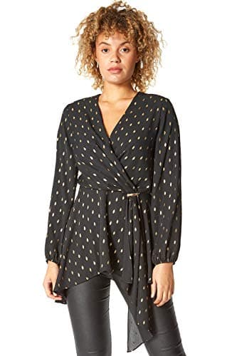Image of Roman Originals Women Metallic Spot Print Asymmetric Wrap Top - Ladies Smart Formal Evening Party Foil Printed V-Neck Long Sleeve Tie Side Blouse Tops - Black - Size 18