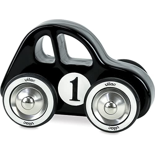 Image of Vilac Wooden Swing Toy Racing Car, Metal and Rubber Wheels, Made in France, 14 x 9 x 8 cm, Suitable for 2 Years+, Black