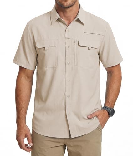 Image of Men's UPF 50+ UV Protection Short Sleeve Shirt, Lightweight Quick Dry Cooling Button Down Outdoor Shirt for Hiking Fishing Travel Safari Khaki L