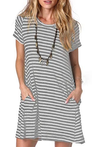 Image of Ancapelion Women's Casual Grey Striped T Shirt Dresses Short Sleeve Loose Mini Tunic Dress for Ladies