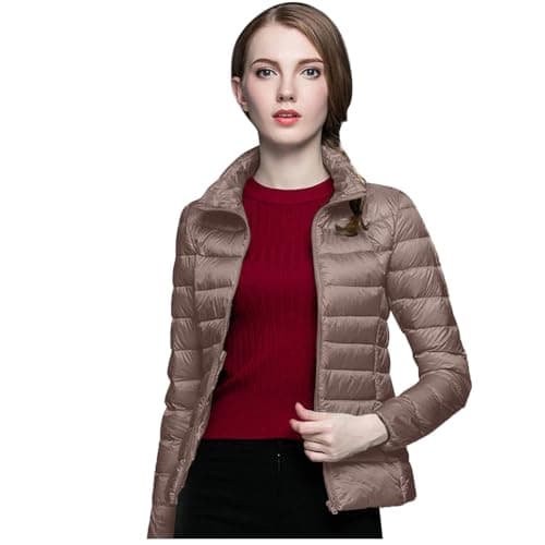Image of DUHENWU Winter Jackets for Women Uk Lightweight Warm Zipper Hooded Down Jacket Packable Puffer Jacket Women Lightweight Short Down Jackets Quilted Padded Puffer Jacket with Carry-On Bag Khaki