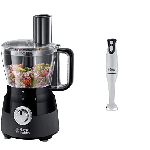 Image of Russell Hobbs 24732 Desire Food Processor, 1.5 Litre Food Mixer with 5 Chopping, Slicing and Dough Attachments, Matte Black, 600 W & 22241 Food Collection Hand Blender, 200 W - White