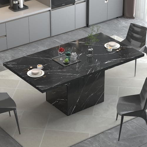 Image of HSH Black Faux Marble Dining Table, Modern Dinner Table for 6 Person, Farmhouse Rectanglur Kitchen Table for Living Room, Long Wood Dining Room Tables with Strong Pedestal, Black Marble 160cm