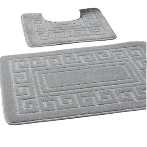 Image of EDS Luxury 2 Piece Greek Bath Mat Set Non Slip Ultra Soft Bathroom Mats Water Absorbent Bath Mats Machine Washable Rug Toilet Mat for Bathroom Floor (Silver)