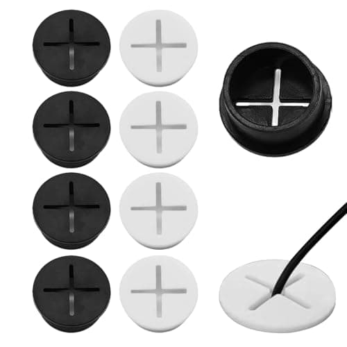 Image of ApexPine 8 Pack 25mm Silicone Desk Grommets, Flexible Cable Cord Hole Covers, 1 Inch Wire Grommet Cable Management Organizer for Office PC Desk, Home & Entertainment Centers (4 Black + 4 White)