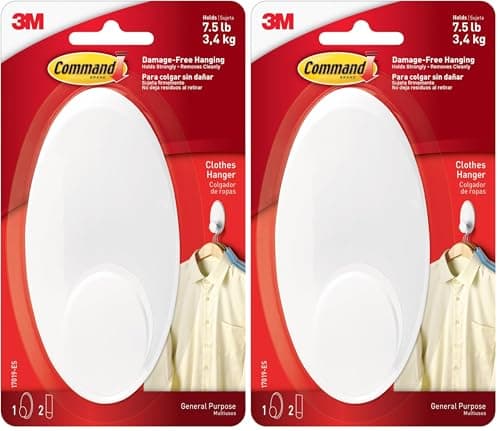 Image of Command Clothes Hanger Hook, Pack of 2 Hook and 2 Adhesive Strips, White - Damage Free Hanging - Holds up to 3.4 kg