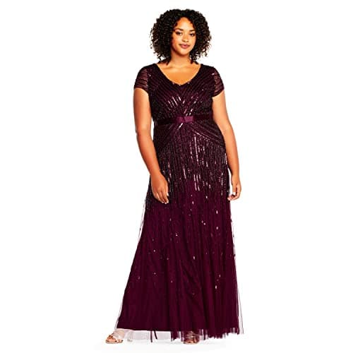 Image of Adrianna Papell Women's Long Beaded V-neck With Cap Sleeves and Waistband Dress, Cassis, 14 UK