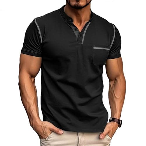 Image of Mens Henley T-Shirts Cotton Short Sleeve Shirts Casual Summer Shirt Tops Black T Shirt Men XXXL