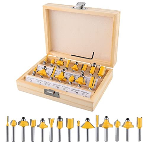 Image of Gueenky 15 Pieces Router Bits, 6.35mm 1/4 Inch Shank Router Bits Set, Tungsten Carbide Router Bit Set with Wooden Box, Milling Cutter Set for Woodworking, with Wrench