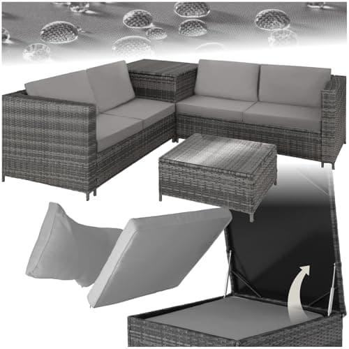 Image of tectake® Rattan Garden Furniture Set, 2 Sofas with Extra Thick Cushions, Table with Glass Top and Garden Storage Box, Garden furniture for Patio, Garden, Balcony, outdoor furniture - grey/light grey