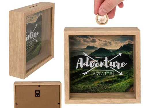 Image of Adventure Awaits Wooden Money Box With Frame 8" x 8" Green