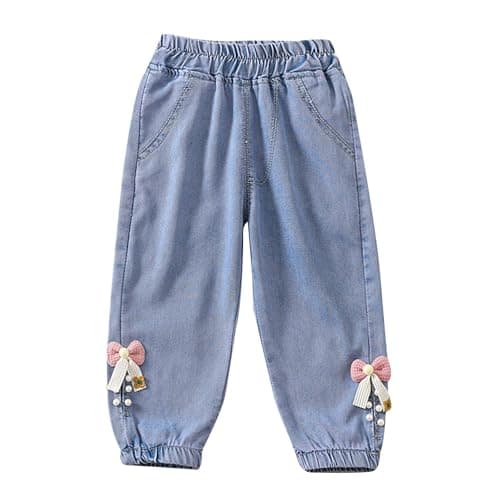 Image of Toddler Girls Kids Jeans Summer Cute Pearl Harem Pants Straight Wide Leg Elastic Waist Stretch Trousers Casual Baggy Jeggings Denim Pants (Pink, 3-4 Years)