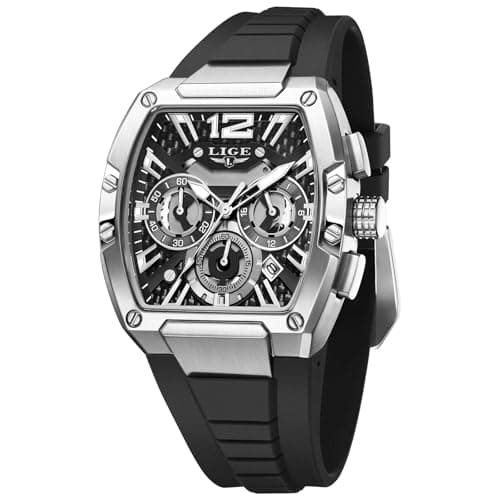 Image of LIGE Men's Watch Skeleton Tonneau Square Chronograph Stainless Steel Waterproof Luminous Date Analog Watches Silicone Strap Durable Fashion Casual Business Dress Wrist Watch