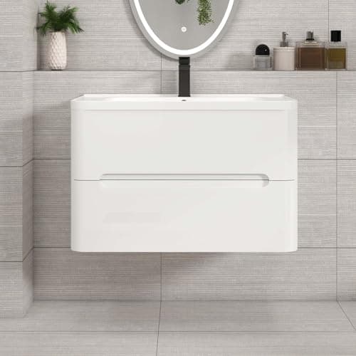 Image of Venice 800mm Wall Hung Bathroom Vanity Unit With Basin | 1 Tap Hole Ceramic Bathroom Sink | Gloss White Finish | Soft Close Drawer Storage Cabinet