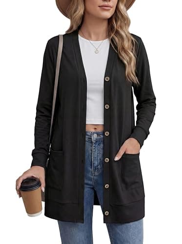 Image of GRECERELLE Womens Cardigan Lightweight Long Sleeve Button Down V Neck Boyfriend Casual Spring Summer Cardigan with Pockets Beach Cover Up Tops (Black, M)