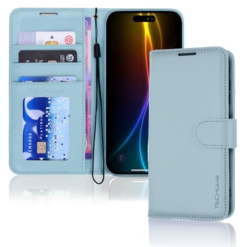 Image of TECHGEAR iPhone Air Leather Wallet Case with RFID Blocking, Flip Cover with Card Holder, Kickstand, Wrist Strap, Magnetic Closure - Light Blue PU Leather for iPhone Air 6.5"