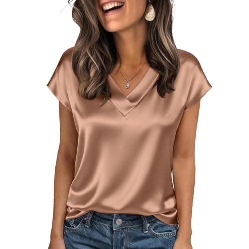 Image of Satin Shirt Women UK Short Sleeve Party Tops for Women V Neck Elegant Silk Blouses UK Casual Tee Champagne L 11