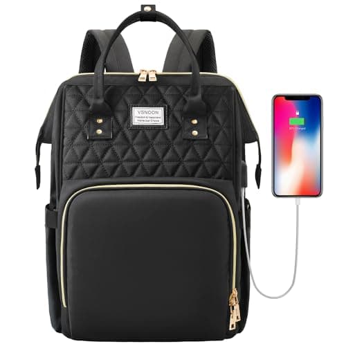 Image of VSNOON Laptop Backpack for Women,15.6 Inch Stylish Laptop Rucksack Wide Open, Travel Backpack with USB Charging Port, Water Resistant Work Bag Computer Backpack for Women, Black