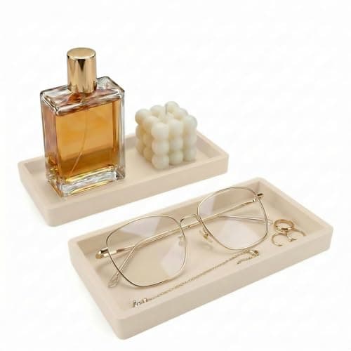 Image of 2pcs Bathroom Vanity Tray 20x10cm, Rectangular Soap Dispenser, Silicone Kitchen Sink Storage, Bathroom Countertop Tray Non-Slip and Easy to Clean, Suitable for Perfume, Candles, Jewellery, Soap(Beige)