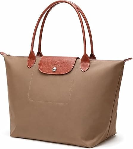 Image of Elite Apparel Large Tote Bag for Women – Lightweight Nylon Shoulder Bag with Leather Handles, Foldable Shopper Handbag for Work, Travel & Everyday Use (Taupe)
